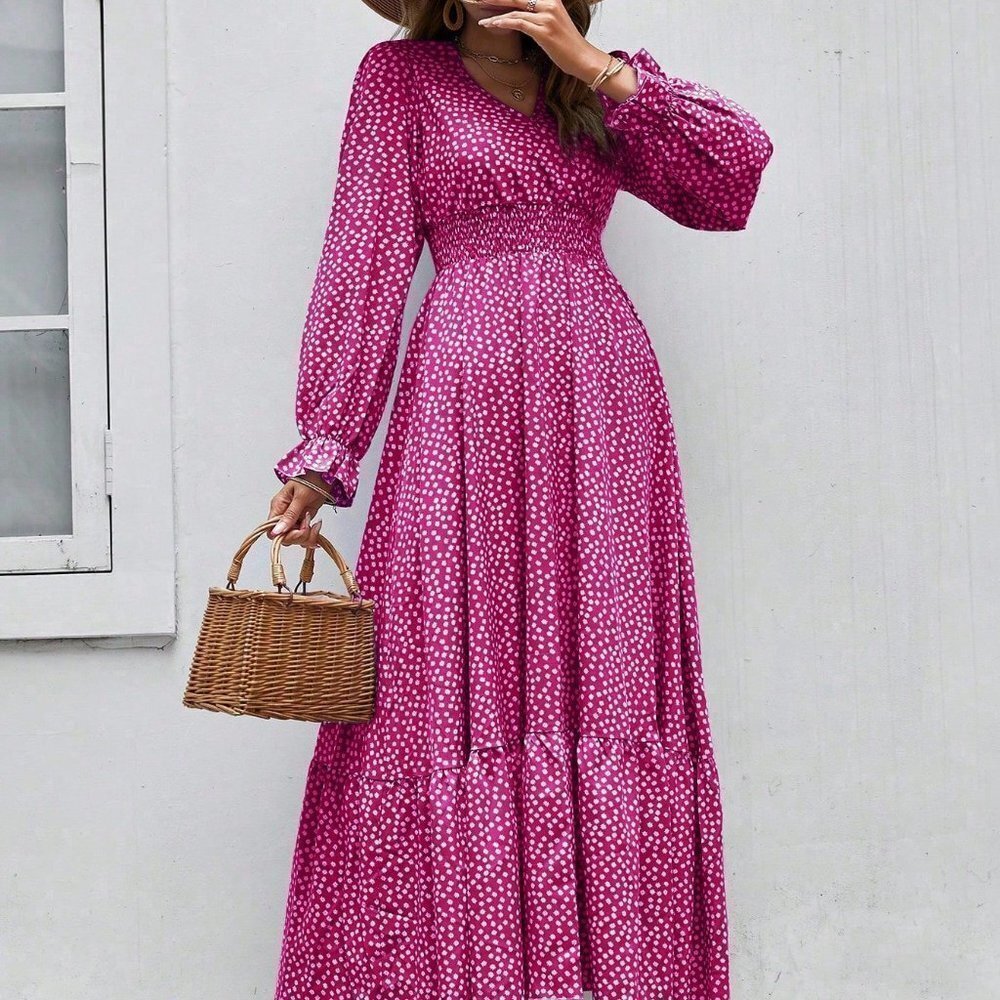 Pink Boho Womens Ditsy Floral Print Flounce Sleeve Shirred Dress - Picture 4 of 5